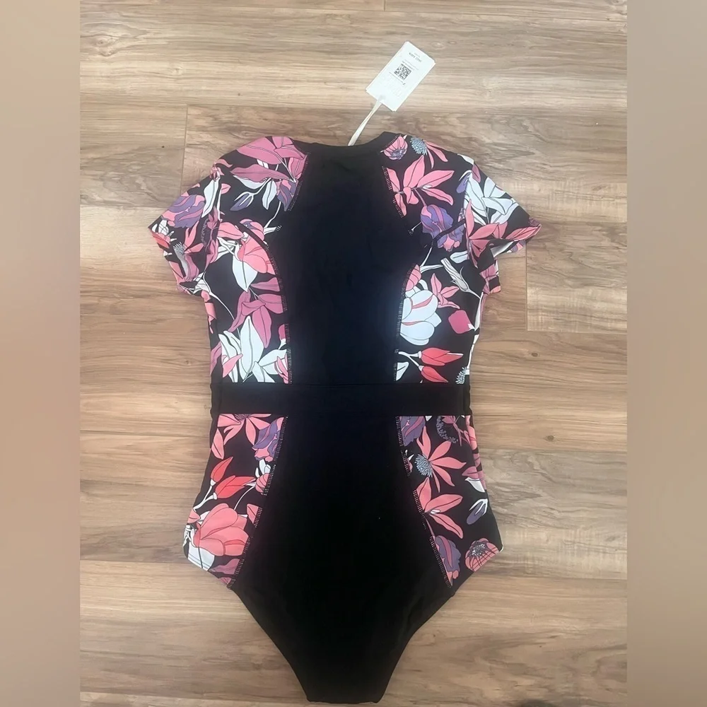 Grace Karin One Piece Swimwear Size M Rashguard Pink Zip Front Bathing Suit NEW